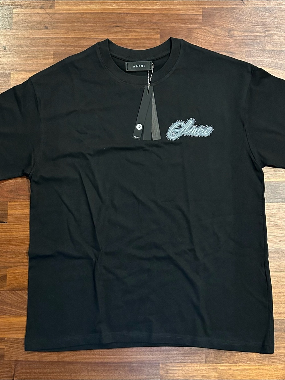 AMIRI Black Short Sleeve Crewneck T-Shirt with Gray Script Logo
